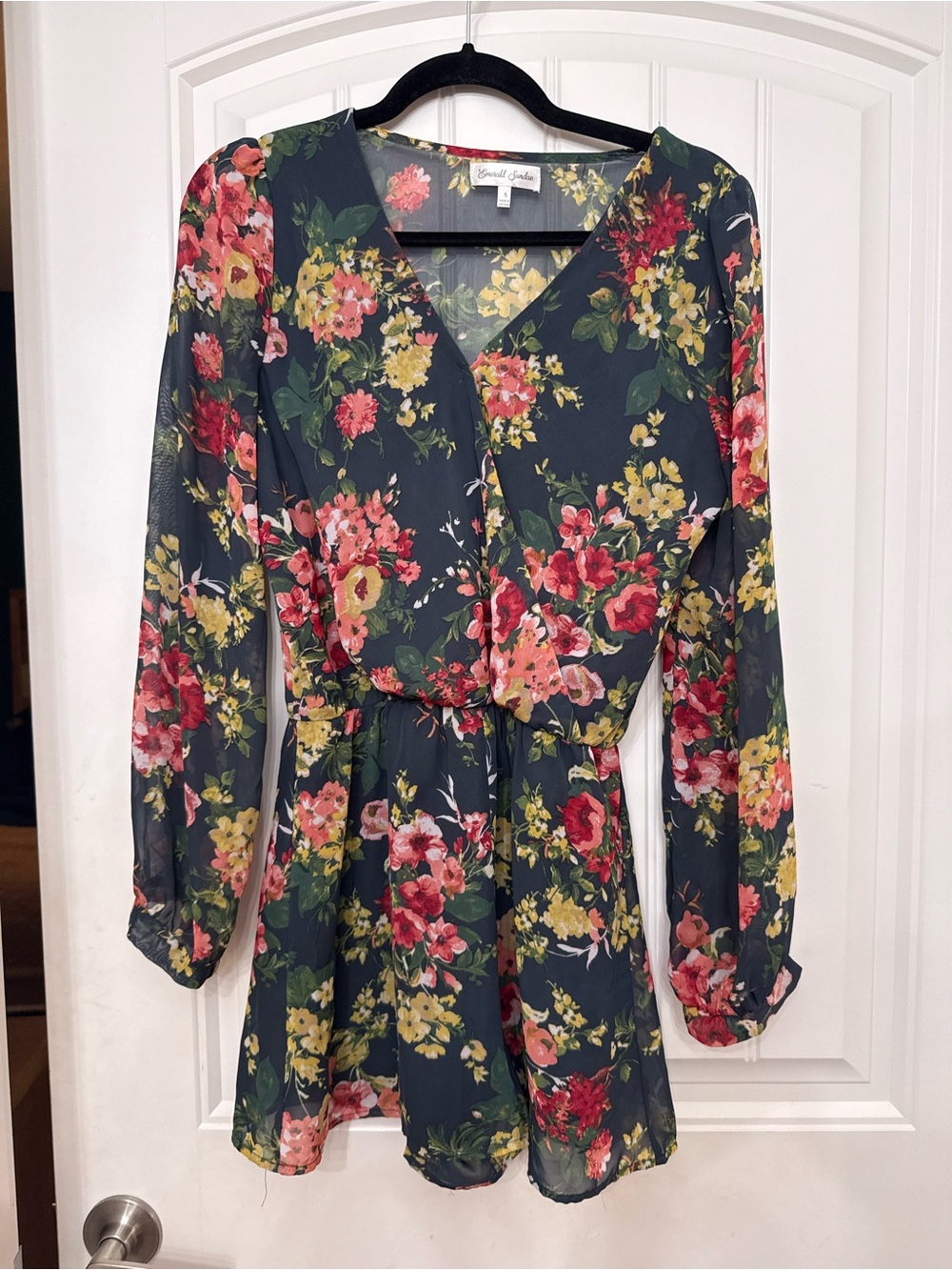 Emerald Sundae Dark Green Floral Long Sleeve Wrap Dress